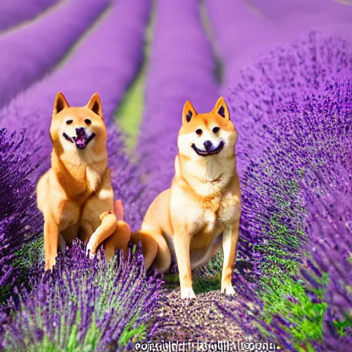 Prompt: A group of Shiba Inus in Purple Lavender field, 8k UHD, Nature photography, high detail, High quality, stunning lighting, beautiful lighting,