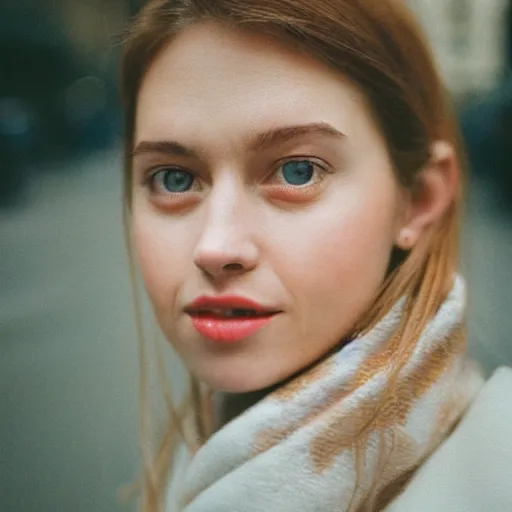 Prompt: analog head and shoulders frontal face portrait photography of a beautiful woman in london. canon 8 5 mm f 1. 2 lens. kodak portra 8 0 0 film photography. depth of field. heavy film grain. hq. filmic. dreamy. lens flare. in - focus