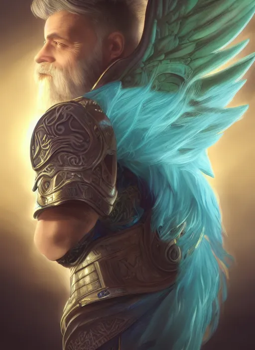 Image similar to an epic fantastic realism comic book style portrait painting of an aasimar paladin, teal energy, male, big angel wings on back, silver hair, short brown beard, d & d concept art, unreal 5, daz, hyperrealistic, octane render, cosplay, rpg portrait, dynamic lighting