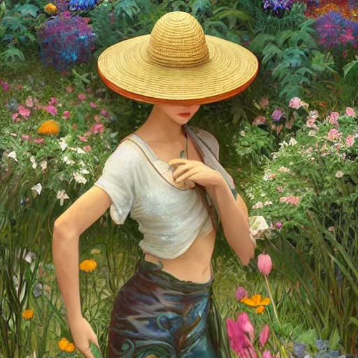 Prompt: slightly rusty robot-gardener in a straw hat, waters flowers, highly detailed, texture, background greenhouse, mild dreamy professional lighting, digital art, smooth, sharp focus, illustration, wide angle shot, full body visible, art by artgerm, by alphonse mucha