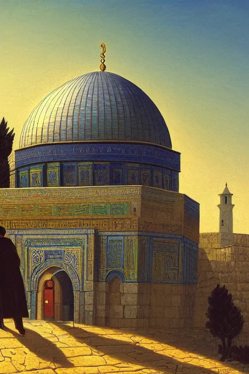 Prompt: a beautiful illustration of dome of the rock jerusalem and f a muslim is praying in front of it, impasto paint in the style of martin johnson heade and h. r. giger