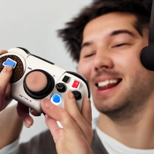 Image similar to a video game controller merging with someone's head, while they are still holding onto the controller,