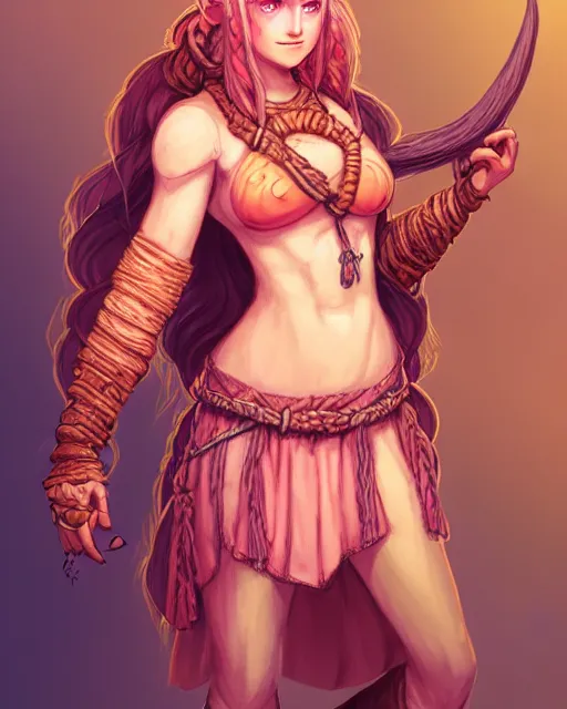 Prompt: character portrait of soft beautiful female firbolg dungeons and dragons long braided peach color hair, wearing an old tunic, d & d digital firbolg illustration, artstation trending female illustration, intricate, sharp focus, hyper detailed, digital painting, matte, character art by prywinko art, pyromallis rene maritte, masterpiece