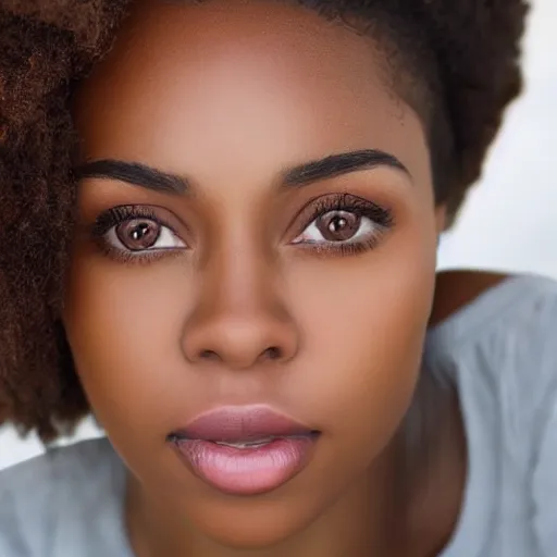 Image similar to a closeup portrait of a black woman with brown hair and brown eyes. Extremely clear and high quality eyes with reflection, realistic face and details, clear lips and high quality