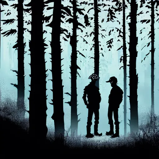 Image similar to in the style of max prentis and moebius and laurie greasley a silhouette of two young explorers wearing cyberpunk headpieces in the middle of an enchanting forest, long shot, highly detailed, 8k wallpaper