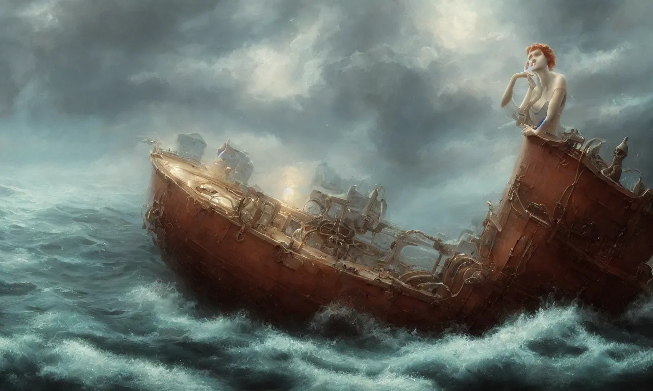 Image similar to breathtaking detailed soft painting of an empty drunk ship with mystical horrors, bathing in dreaming lactescent sea, alcohol with blue delirium skies, water drowned hurrican, elegant, highly detailed, artstation, concept art, matte, sharp focus, art by tom bagshaw, and greg rutkowski