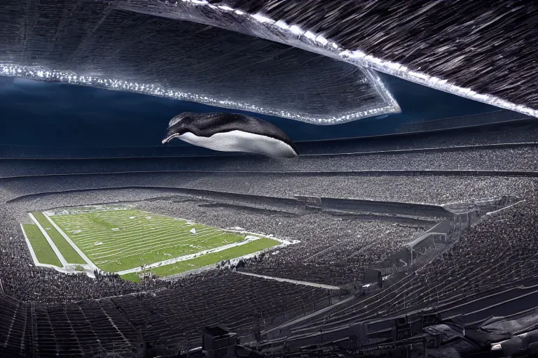 Image similar to a humpback whale flying over the NFL Super Bowl Stadium cinematic lighting by Jessica Rossier