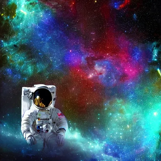 Image similar to An astronaut floating alone in space with a colorful complex galaxy in the background, digital art