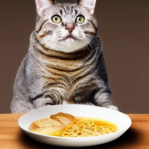Prompt: cute fat cat sitting in front of ramen noodles on toast, photo realistic