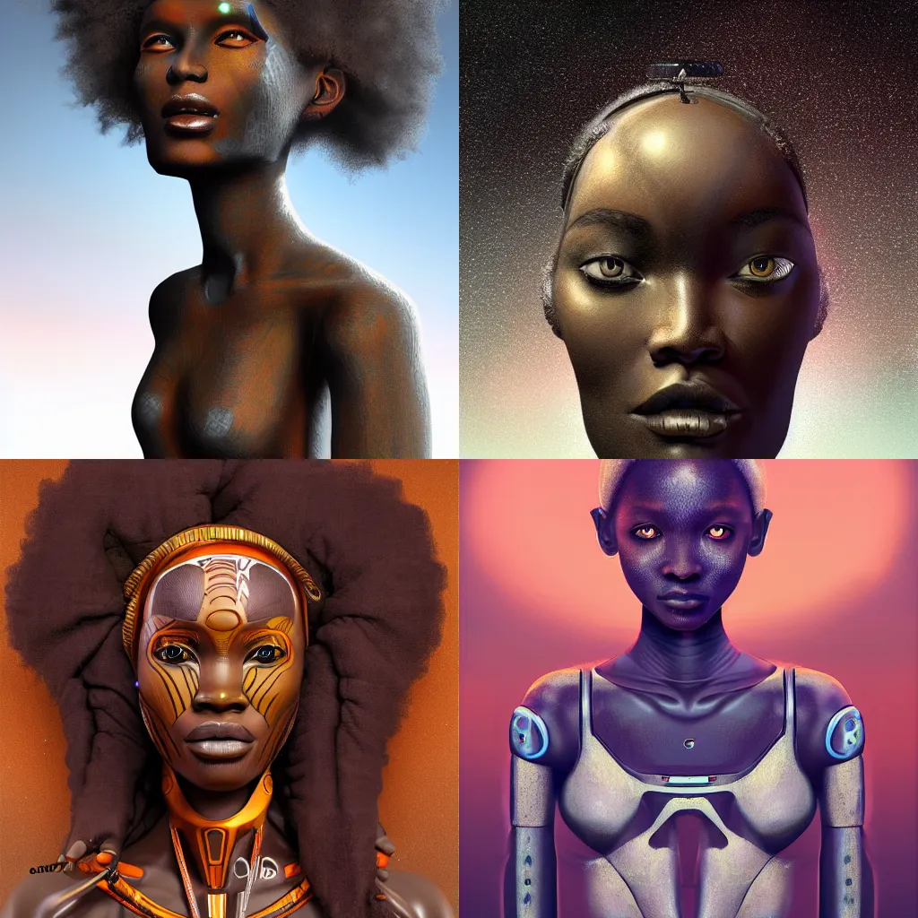 Prompt: beautiful afrofuturistic himba woman, otjize glowing spacesuit, robotic arms, weightless in space, hyperrealistic, scifi, concept art, digital art, portrait, dark, muted colors