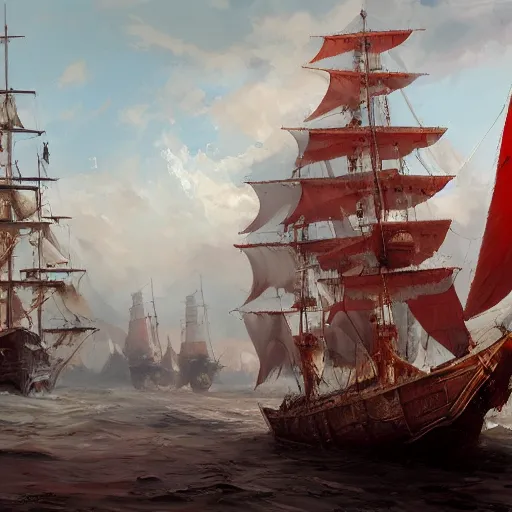 Prompt: masterpiece of a crimson hull and white sails three mast brigantine pirate ship docked in a xix century port, by greg rutkowski and noah bradley, trending on artstation