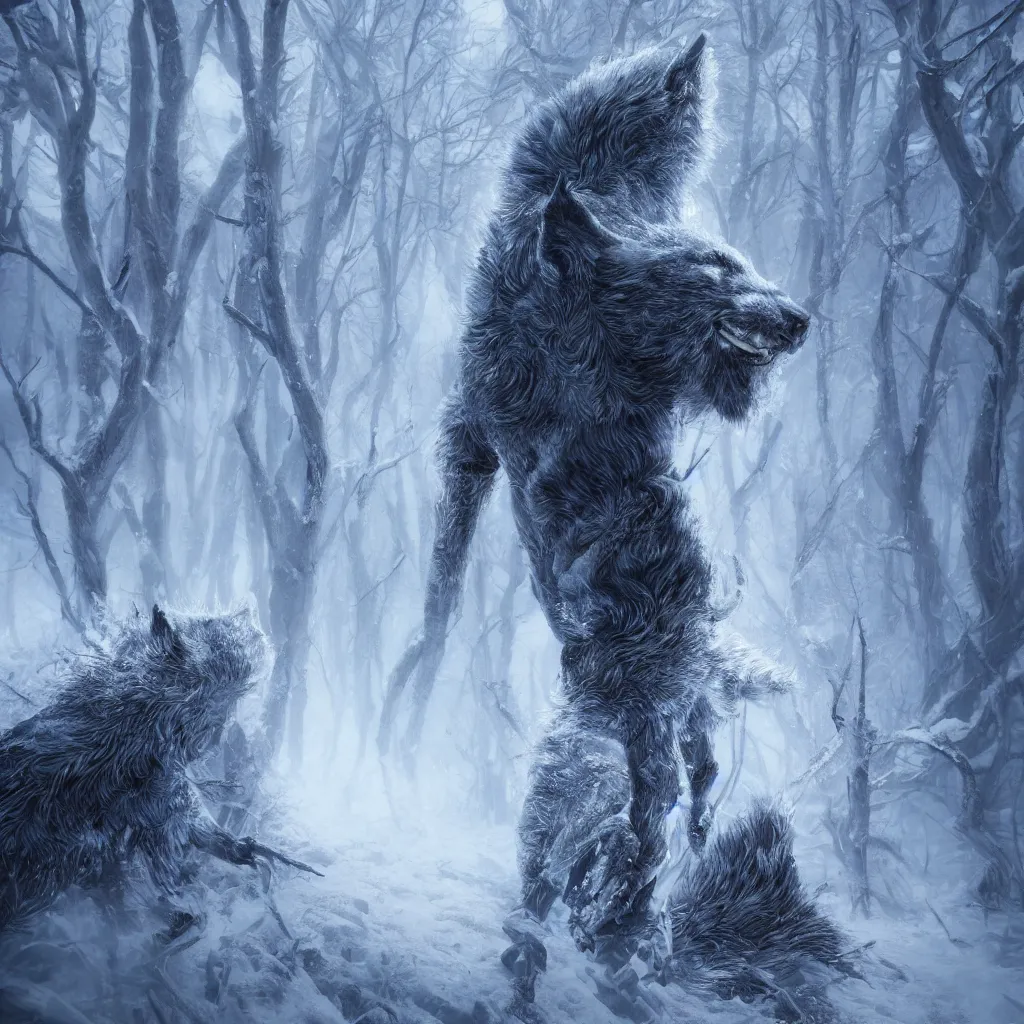 Image similar to silver fox with burning eyes walking on snow, forest, hyperdetailed, artstation, cgsociety, 8 k