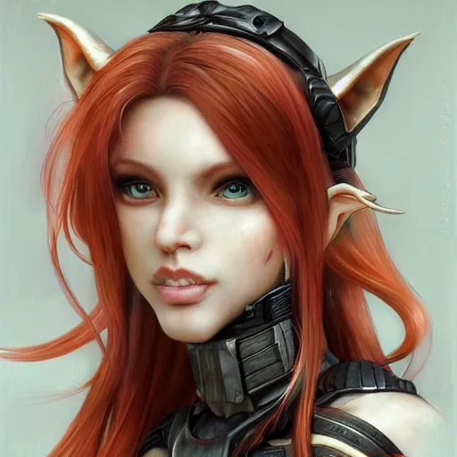 Image similar to portrait of a female elf orc by ayami kojima, she is about 2 0 years old, american pretty, copper hair, annoying but friendly, she is wearing a modern tactical gear, scifi, highly detailed portrait, digital painting, artstation, concept art, smooth, sharp foccus ilustration, artstation hq