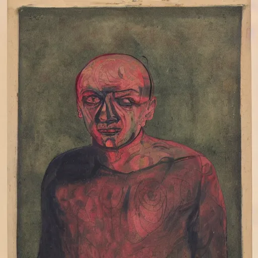 Image similar to portrait of alexander abdulov, with a red eyes, satanic body, head of old man, in blood of sinners, hellish style