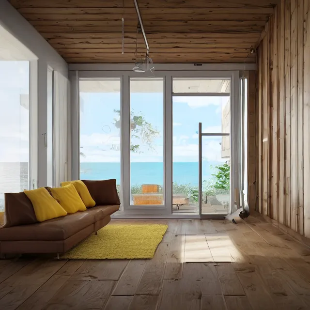 Prompt: modern a frame interior in a wooden cabin, yellow cabinets and white walls, vintage fridge, large window in back with ocean scenery, marble countertops, leather couch, spiral staircase, realistic, unreal engine render, octane render, hyper realistic, photo, 8 k