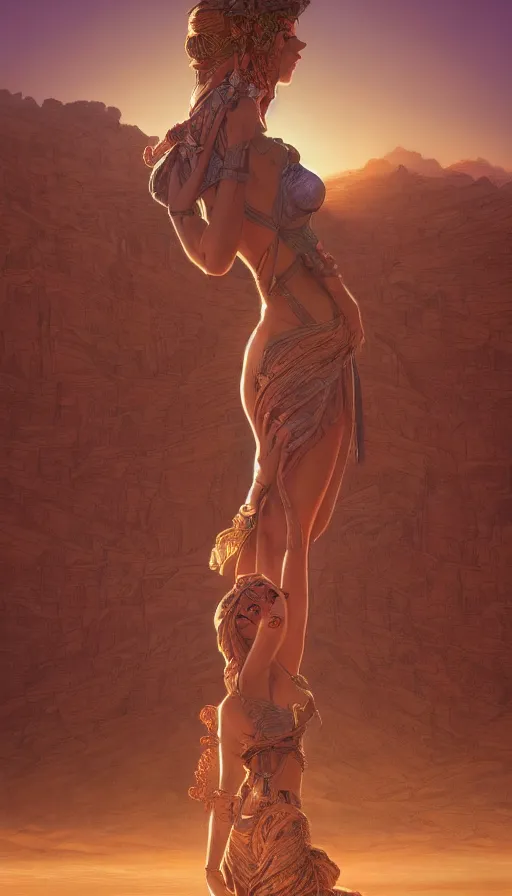 Image similar to giant statues across the desert, neon, fibonacci, girls, sweat drops, insane, pinup, intricate, highly detailed, digital painting, artstation, concept art, smooth, sharp focus, illustration, Unreal Engine 5, 8K, art by artgerm and greg rutkowski and alphonse mucha