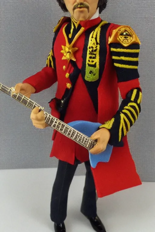 Prompt: action figure of Paul McCartney Sergeant Pepper's Lonely Hearts Club Band outfit released in 1972 vintage, vintage toy, inbox, eBay listing, HD photo