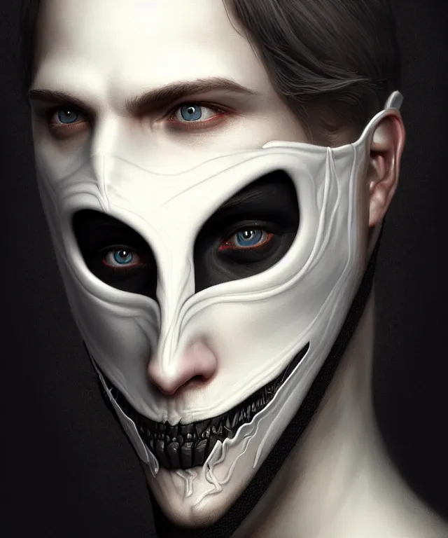 Image similar to white man with black fabric half mask, highly detailed face!!!, true anatomy!, extremely detailed!, digital painting, unreal engine 5, art by tom bagshaw