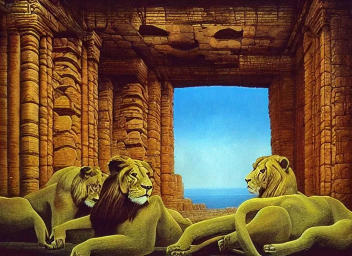 Prompt: “A surreal oil painting of an ancient temple guarded by lions, by Zdzisław Beksiński and HP Lovecraft, cosmic portals, realistic shading, complimentary colors, vivid colors, aesthetically pleasing composition, masterpiece, 4k, 8k, ultra realistic, super realistic”