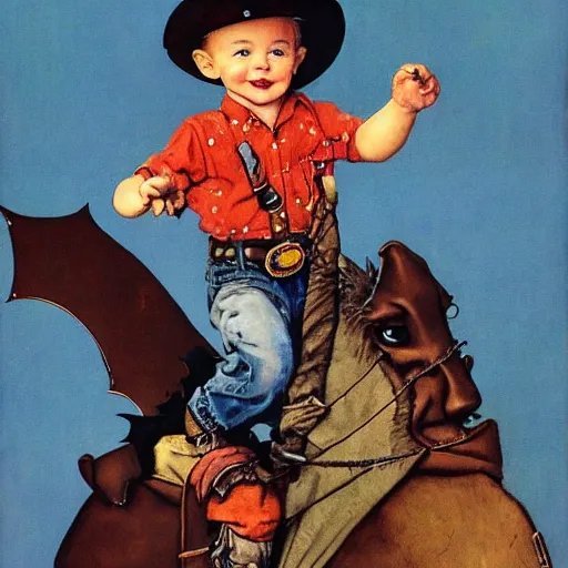 Prompt: A toddler dressed like a cowboy riding a pterodactyl, Norman Rockwell Painting