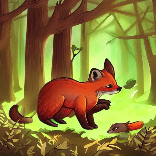 Prompt: 3 woodland critters, resistance, communist, bunny, mouse, fox, political meeting in the woods, antropomorphic, fantasy digital art, art station, green attire, art by kyle ferrin