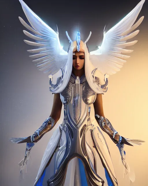 Image similar to perfect ornate white haired attractive egyptian goddess with huge white dove wings, warframe armor, beautiful, symmetric, dreamy, half asian, pretty face, blue eyes, detailed, scifi platform, laboratory, experiment, 4 k, ultra realistic, epic lighting, android body, illuminated, cinematic, masterpiece, art by akihito tsukushi, voidstar