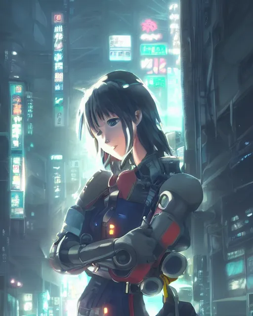 Image similar to portrait of anime girl in mechanic armor in night tokyo by makoto sinkai, my hero academia,cyberpunk, greg rutkowski, perfect face, fine details