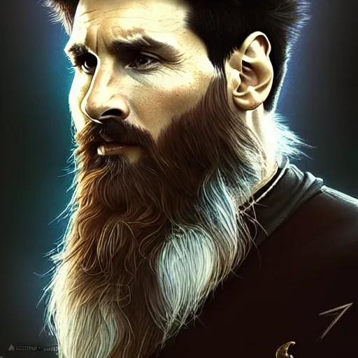 Image similar to Lionel Messi with a majestic beard, closeup, D&D, fantasy, intricate, elegant, highly detailed, digital painting, artstation, concept art, matte, sharp focus, illustration, art by Artgerm and Greg Rutkowski and Alphonse Mucha