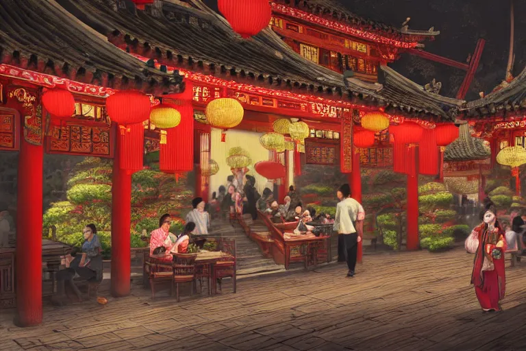 Prompt: a bustling tea house in china, lit by paper lanterns, at night, fantasy art, highly detailed digital art, trending on artstation