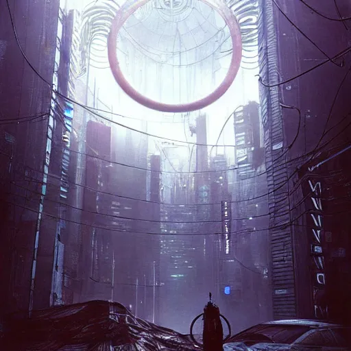 Prompt: perfect Circle Portal in the middle of a cyberpunk city. Tsutomu Nihei, Beksinski, ArtStation.