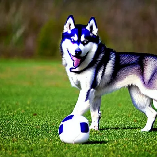 Prompt: a siberian husky playing soccer