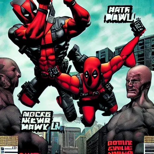 Prompt: comic book cover the deadpool twins in matrix town starring deadpool and the other guy from that show about deadpool by the artist jim lee