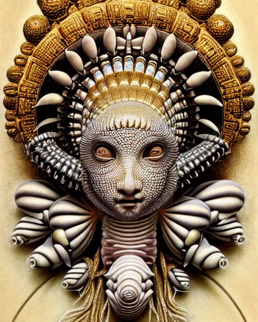 Image similar to hyperrealistic detailed face portrait of the beautiful goddess of the giant isopods with an intricate golden ornamental geometrical fractal giant isopod masked headdress, art by ernst haeckel, john william godward, android jones, h. r. giger, gothic - cyberpunk, ornamental, dimmed pastel colours,