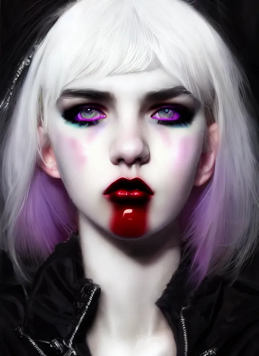 Image similar to portrait of white teenage girl, normal face, white bangs, mall goth, cyberlox, black and white hair, bangs, fluffy bangs, red contact lenses, purple lipstick, intricate, elegant, highly detailed, digital painting, artstation, concept art, sharp focus, smooth, illustration, art by wlop, mars ravelo and greg rutkowski