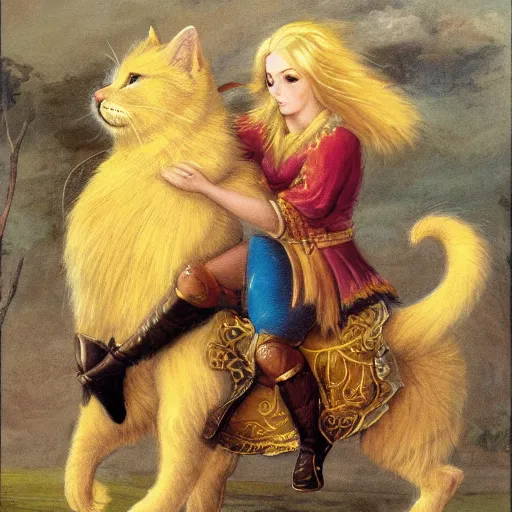 Image similar to blonde warrior princess riding a large yellow furry house cat, high detail,