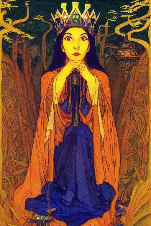 Image similar to queen of the forest with her crown and lantern, by Nicholas Roerich and Annie Swynnerton and Frederick Sandys, dramatic cinematic lighting , ornate headdress , flowing robes, sacred artifacts, lost civilizations, smooth, sharp focus, extremely detailed