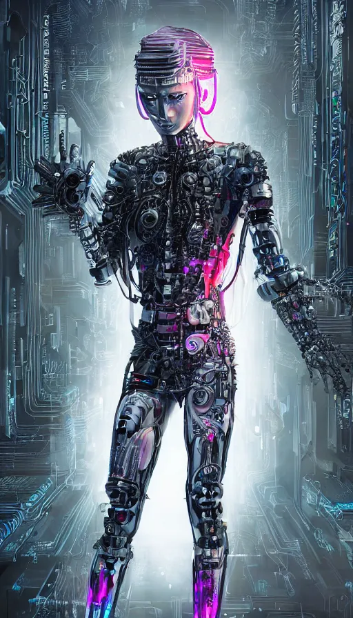 Image similar to full body head to toe portrait of a cyberpunk sci-fi cyborg netrunner bionic man, third person, D&D, sci-fi fantasy, matrix , intricate, black with shiny silver and pink fringe highlights, highly detailed, art by Range Murata, highly detailed, 3d, octane render, bright colors, digital painting, trending on artstation, sharp focus, illustration style of Stanley Artgerm, dramatic background