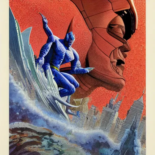 Prompt: jean giraud and moebius and don lawrence and alex ross and john romita jr, gouache and wash paints, smooth focus, sharp details, detailed details, bokeh, 4 k, fine 5 k details, fine details, fine intricate, fine facial proportionate, fine body proportionate / ultraman versus godzilla in city of new york