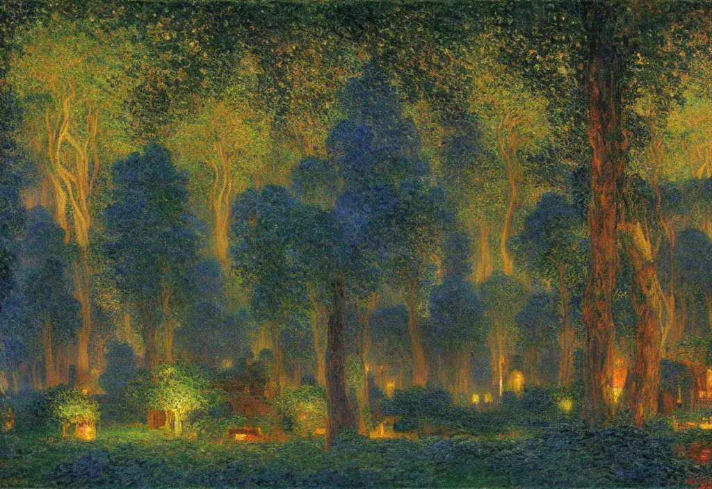 Prompt: Lothlorien at night, elven forest town with houses in the trees, as painted by Claude Monet, Maxfield Parrish, Roger Dean