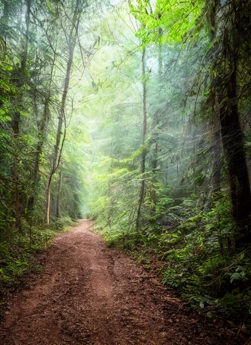 Image similar to a dirt path in the middle of a forest by tim biskup, shutterstock contest winner, naturalism, flickering light, high dynamic range, creative commons attribution
