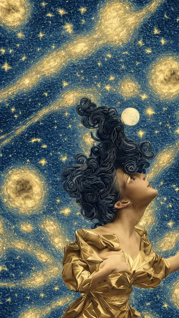 Image similar to sky in a starry night with glowing meteor showers, ascension of a woman decomposing and dissolving into moon, dark - blue black gold beige saturated, ornate baroque rococo art nouveau intricate detail, 3 d specular lighting, cinematic, blur