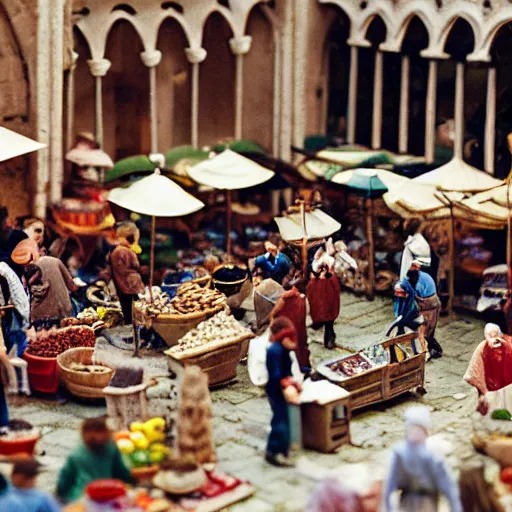 Prompt: a miniature model a busy medieval Mediterranean street market 35mm