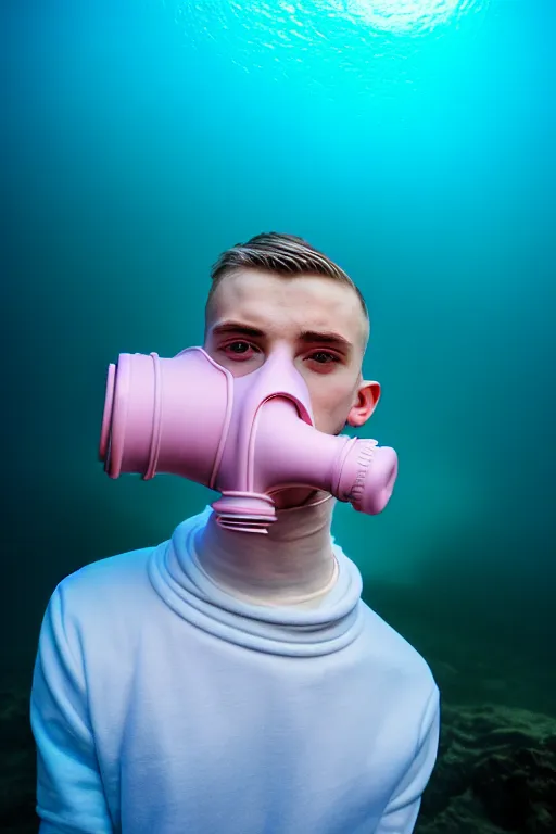 Image similar to high quality pastel coloured film mid angle portrait photograph of a beautiful young 2 0 year old male, soft features, short hair, rubber gas mask and oversized inflated clothing!!!! icelandic black! rock pool environment. atmospheric three point light. photographic. art directed. ( pastel colours ). volumetric. clearcoat. waves. 8 k. filmic.