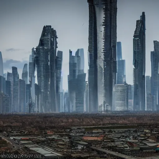 Image similar to Giant futuristic megacity towering across the landscape, post apocalyptic, EOS-1D, f/16, ISO 200, 1/160s, 8K, RAW, unedited, symmetrical balance, in-frame