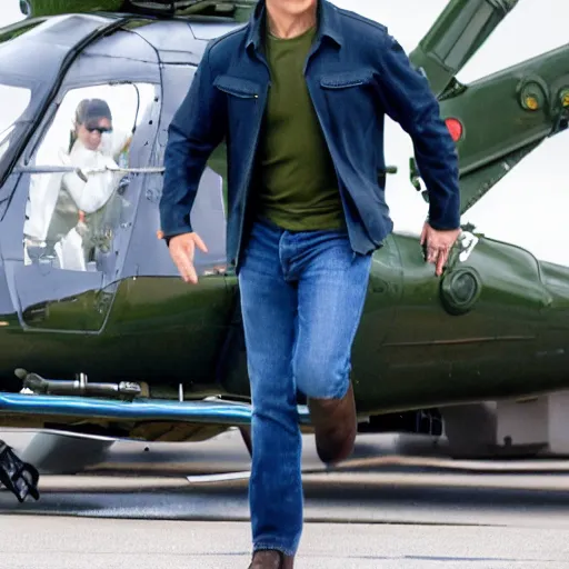 Prompt: Tom Cruise waving to fans. He's wearing bluejeans and a green jacket, Ralph Lauren. A helicopter is in the background. Shallow depth of field