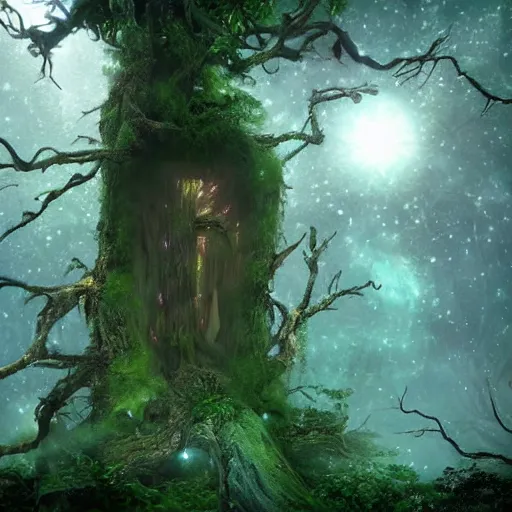 Prompt: horrific, shining portal to the stars, embedded in a terrifying tree in a densely overgrown jungle, fantasy, dreamlike sunraise, ultra realistic, atmospheric, stopped in time, epic