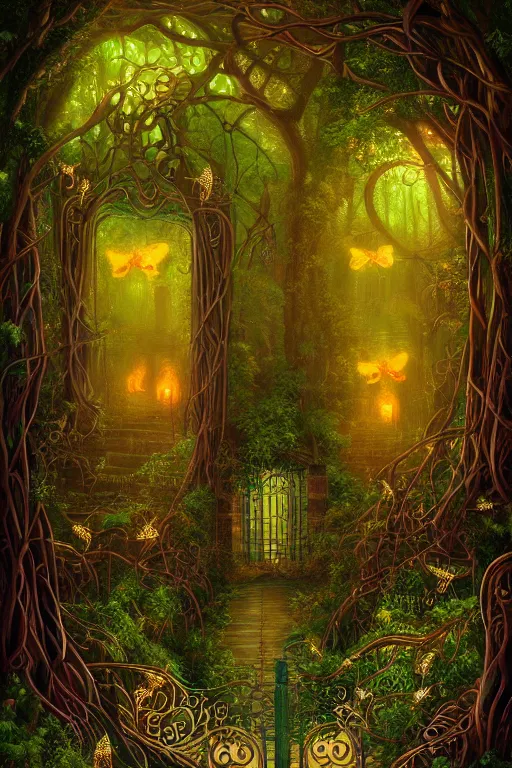 Image similar to a beautiful digital illustration painting of a detailed gothic fantasy fireflies forest trees and iron gate vines by lisa frank, james gurney, 8 k resolution trending on artstation concept art digital illustration