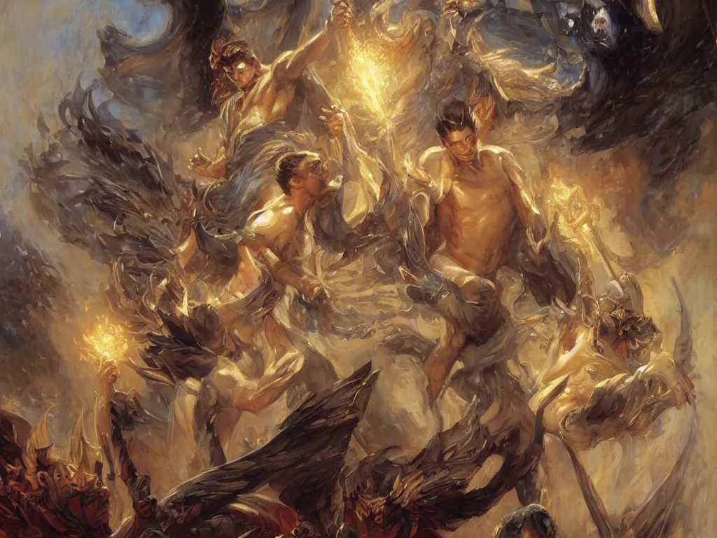 Prompt: attractive male deity, casts dark spell to summon attractive lucifer morningstar. highly detailed painting by gaston bussiere, craig mullins, j. c. leyendecker 8 k