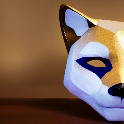 Image similar to a realistic photo of a beautiful white and gold fox mask, laying on a cherrywood desk, with spot lighting showing off the vivid gold details of the mask, f/1.8 32mm lens, 4K award winning, trending on artstation