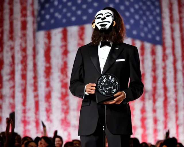 Image similar to man wearing guy fawkes mask accepts award from obama, university graduation pose, photo, cinematic lighting